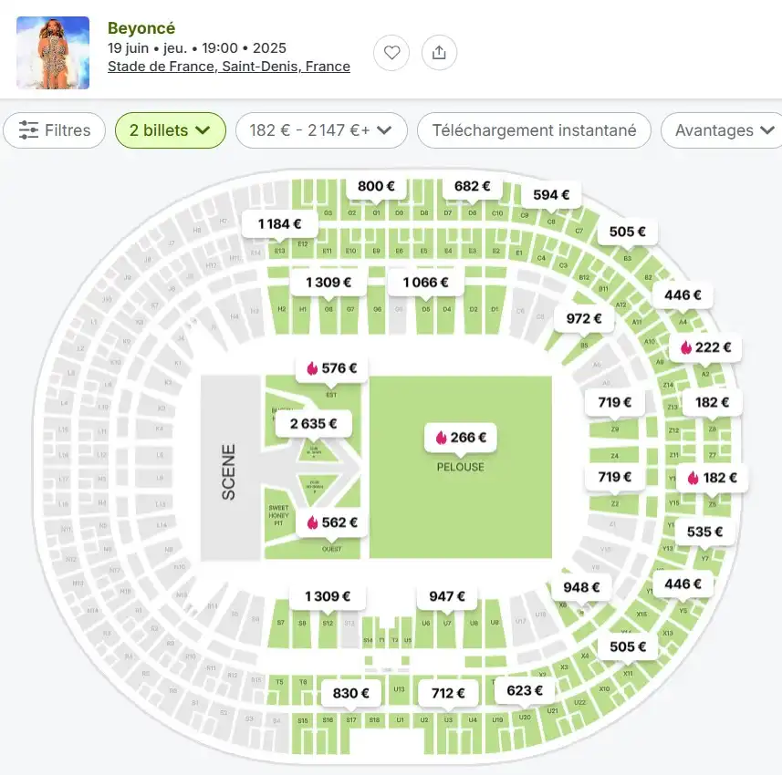 Viagogo Beyonce演唱会订票界面